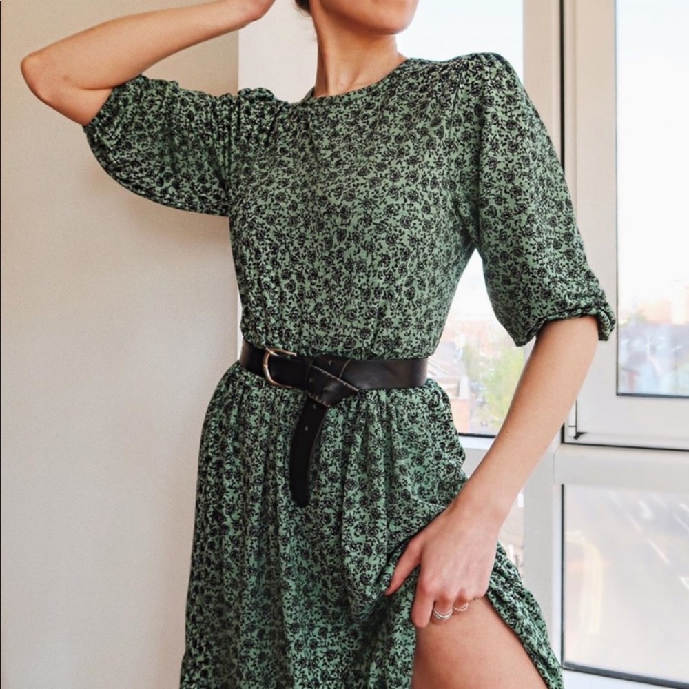 Zara Green/Black Ditsy Floral Boho Peasant Tiered Midi Dress Sz Sm Spring